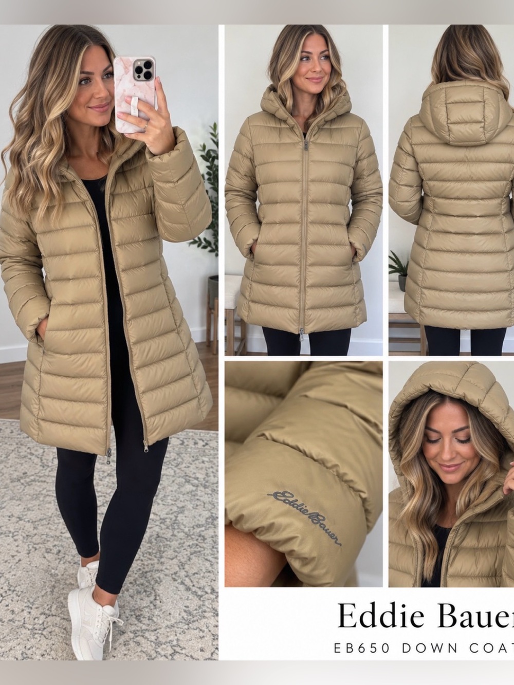 Eddie Bauer Women’s XL EB650 Down Puffer Coat Long Hooded Jacket Tan Beige
